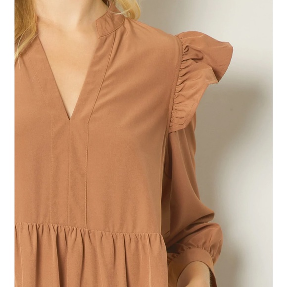🆕 Ruffled Long Sleeve Tiered Dress in Camel - Picture 5 of 8